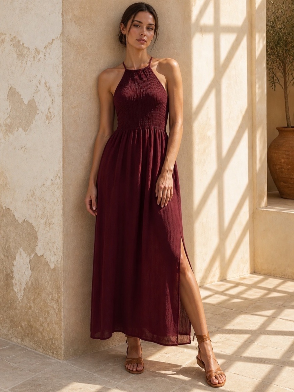 Universal Thread Smocked Burgundy Gauzy Maxi Dress Womens XL Beachy Vacation